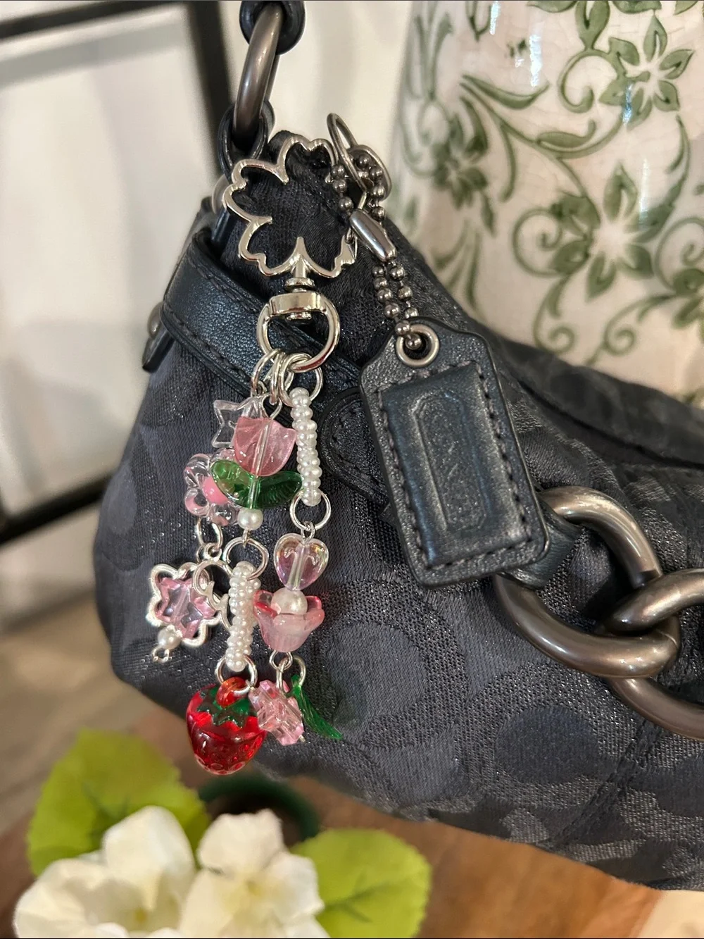 Coach Black Jacquard Shoulder Bag with Chunky Chain